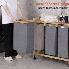 Wäschekorb 3 Fächer Bambus Rollen 150L Grau Oxford-Gewebe