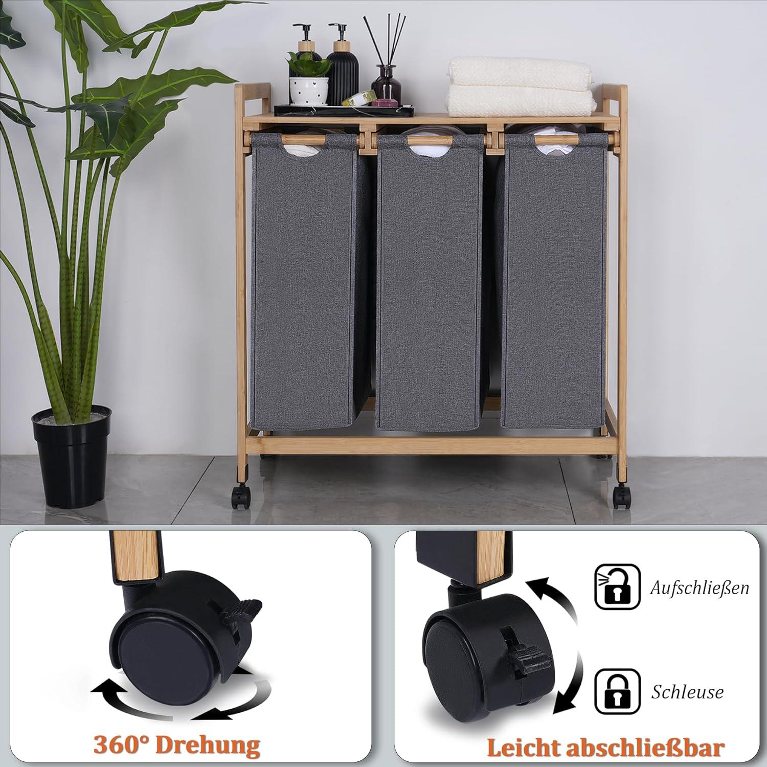 iEGrow Wäschekorb 3 Fächer Bambus Rollen 150L Grau