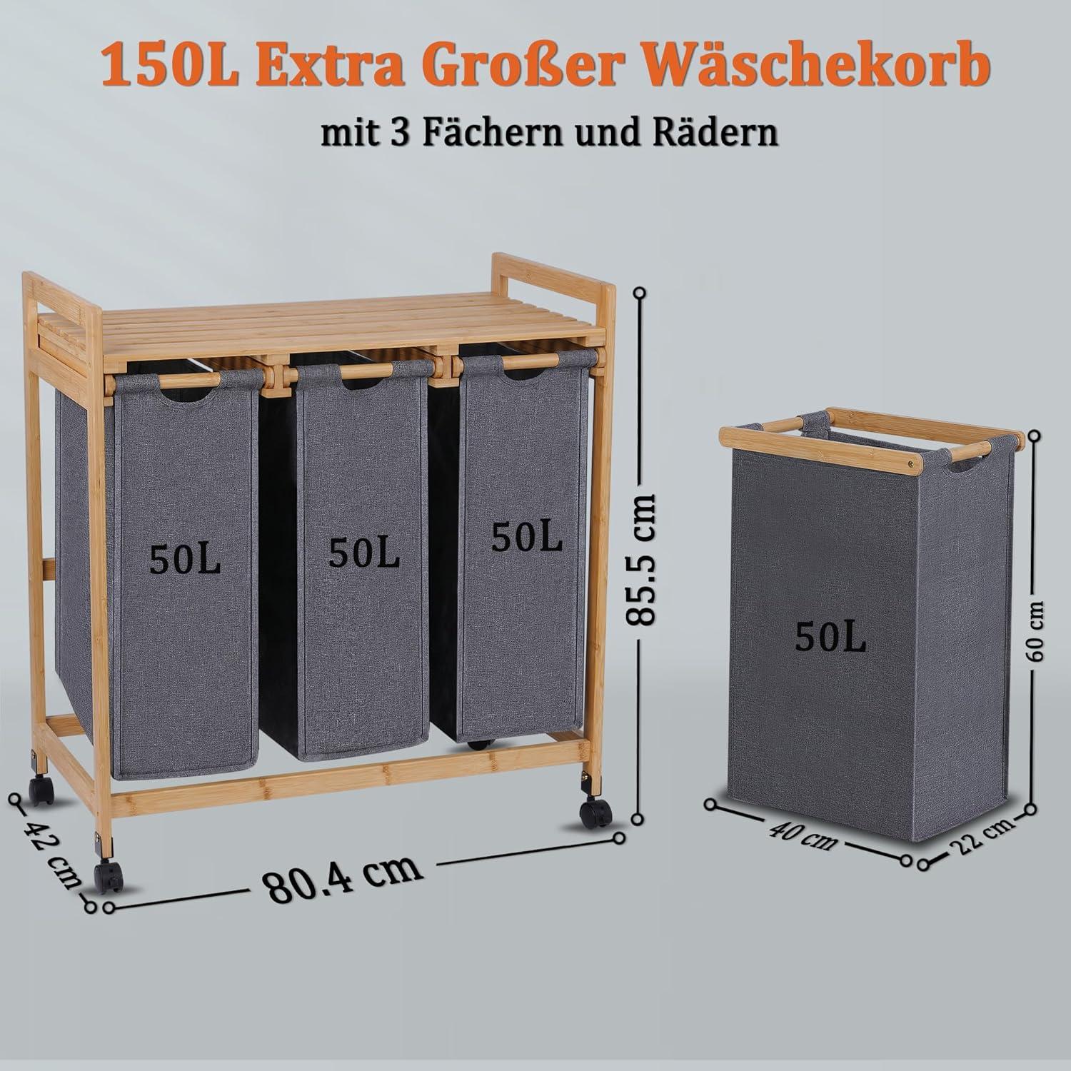 Wäschekorb 3 Fächer Rollen 150L Bambus Schmutzwäsche Oxford-Gewebe