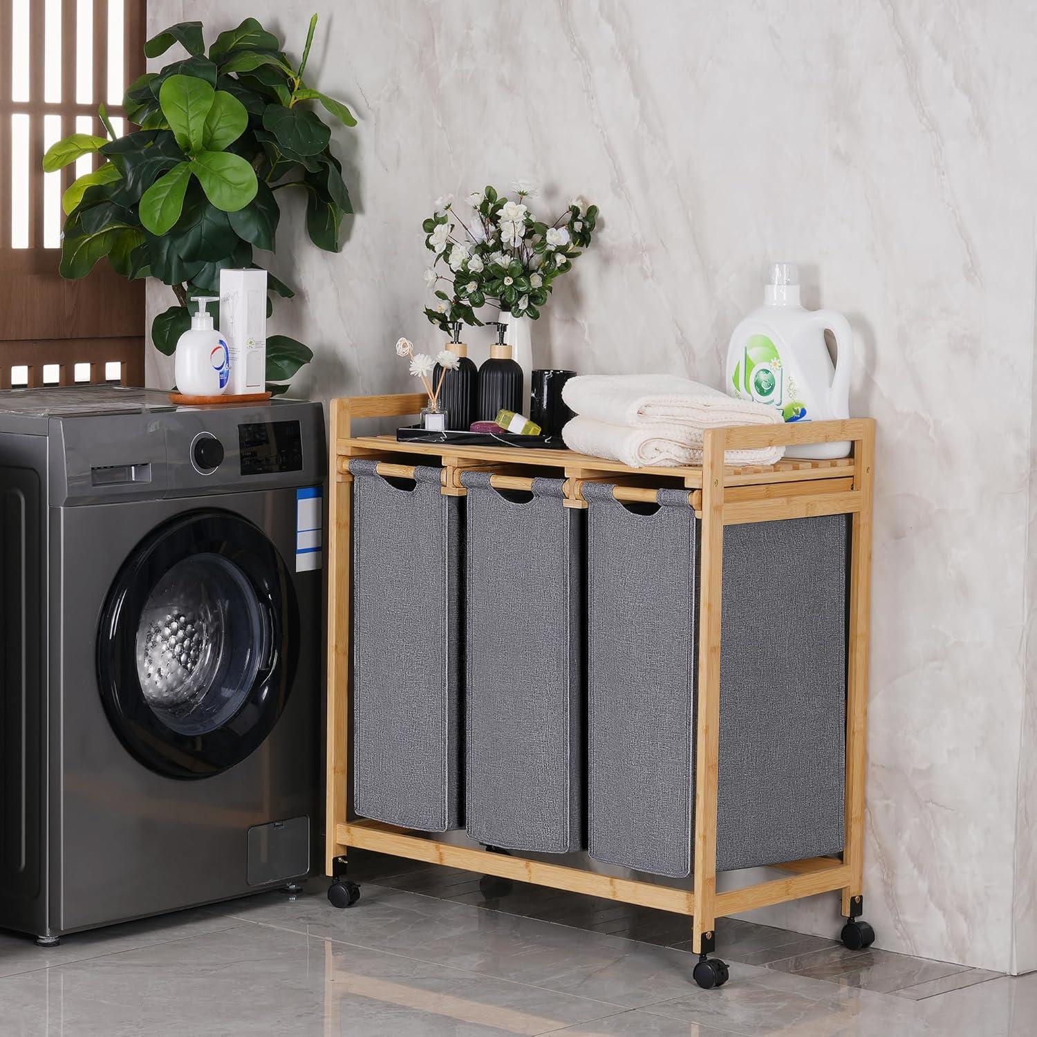 Wäschekorb 3 Fächer Rollen 150L Bambus Wäschewagen Schmutzwäsche