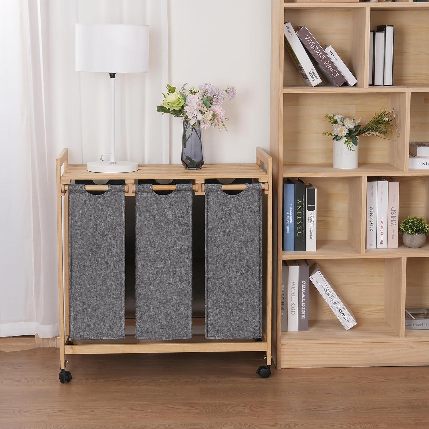 Wäschekorb 3 Fächer Rollen 150L Bambus Schmutzwäsche Oxford-Gewebe