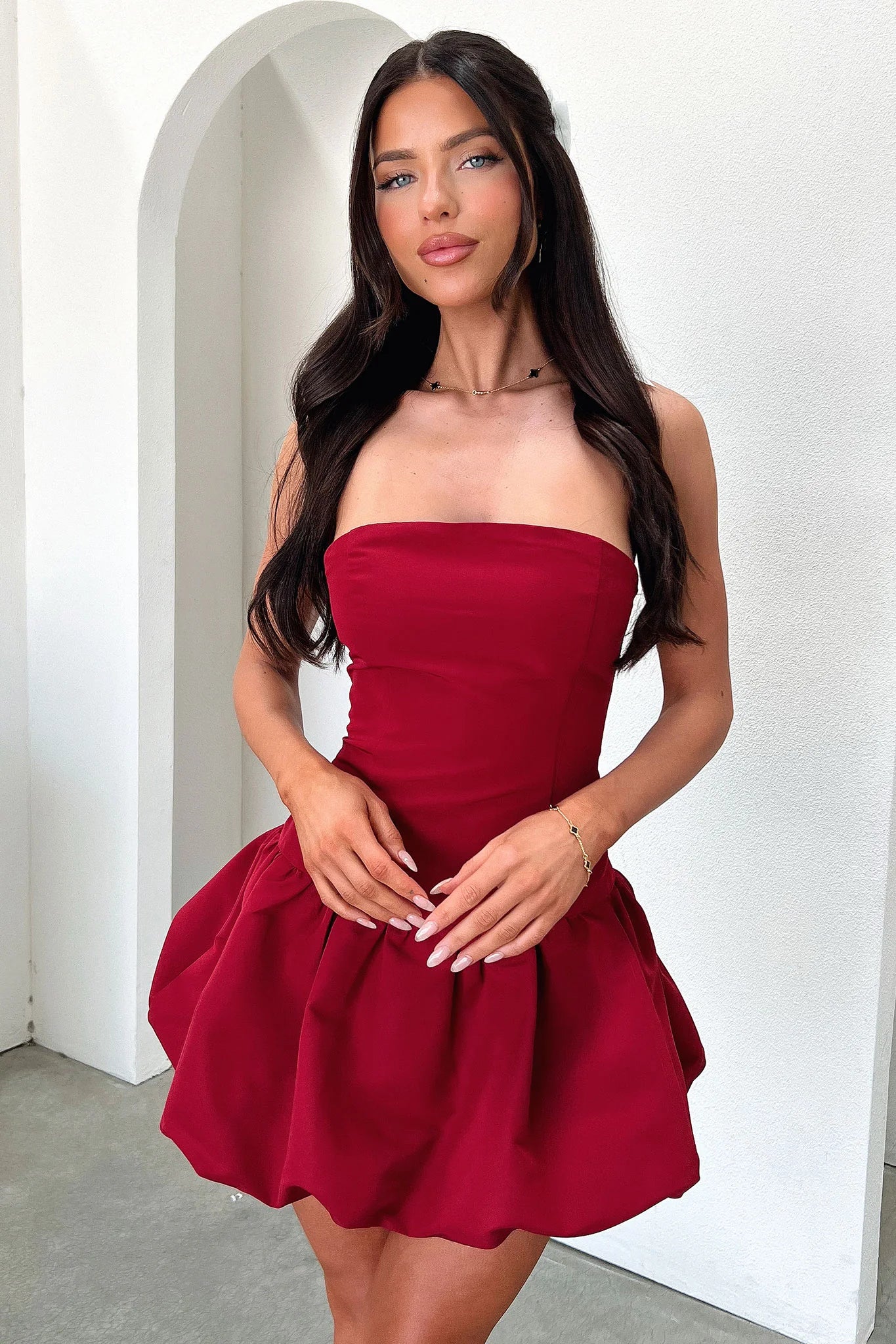 Kloe Bubble Skirt Strapless Mini Dress - Burgundy
