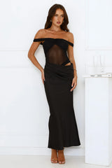 Silent Dreams Mesh Satin Off Shoulder Maxi Dress Black