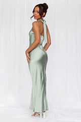 The Cleo Halter Satin Maxi Dress Sage