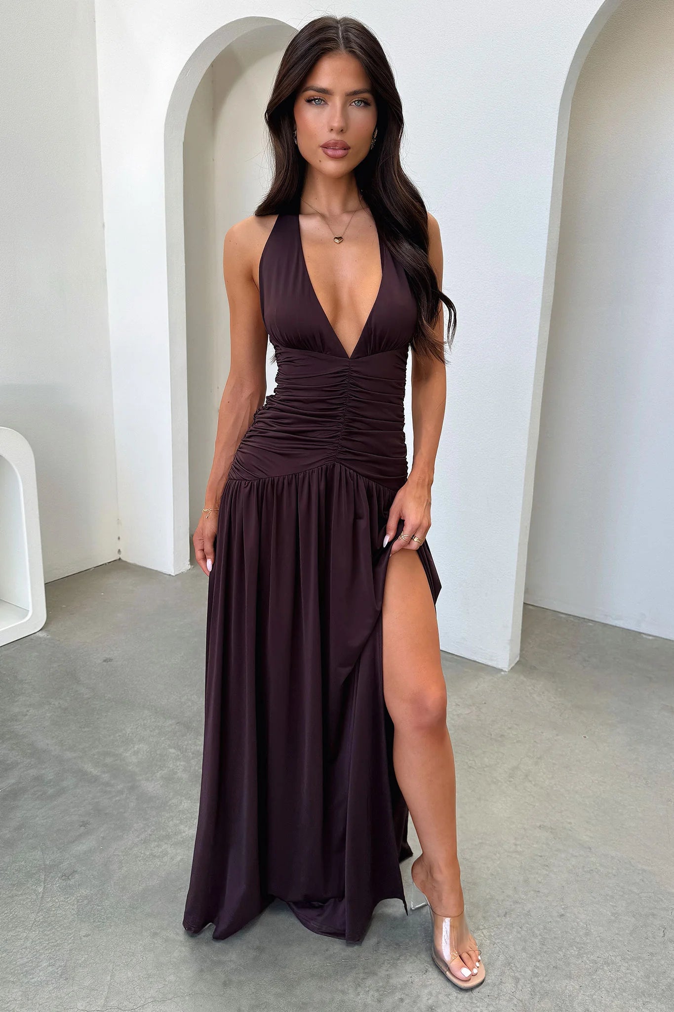 Ginevra Ruched Halter Maxi Dress - Brown
