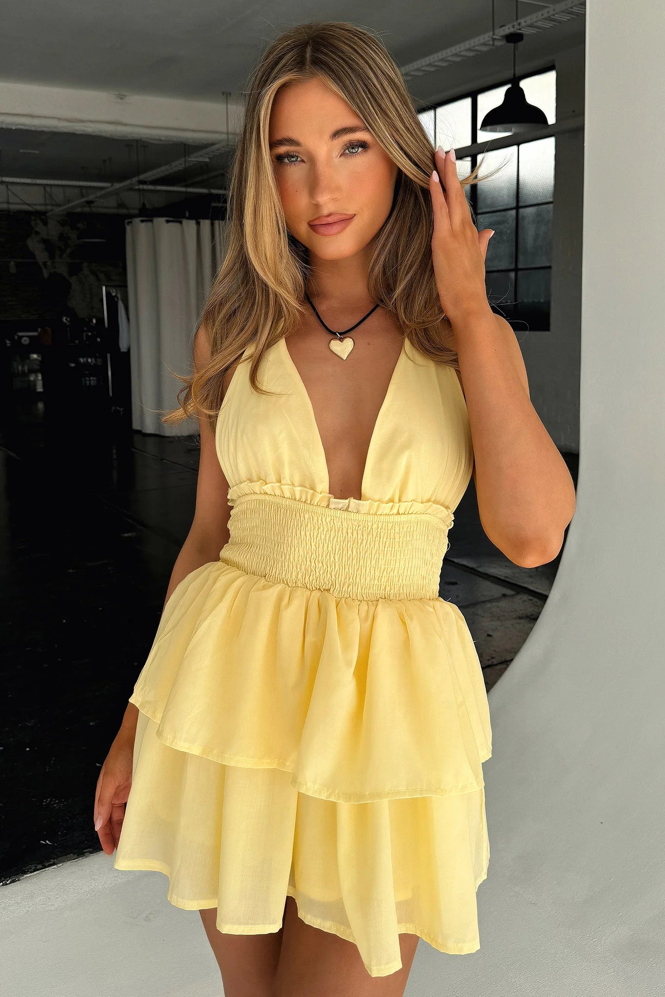 April Tiered Halter Mini Dress - Yellow