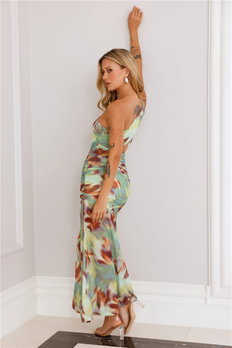 Reward Me One Shoulder Mesh Maxi Dress Green