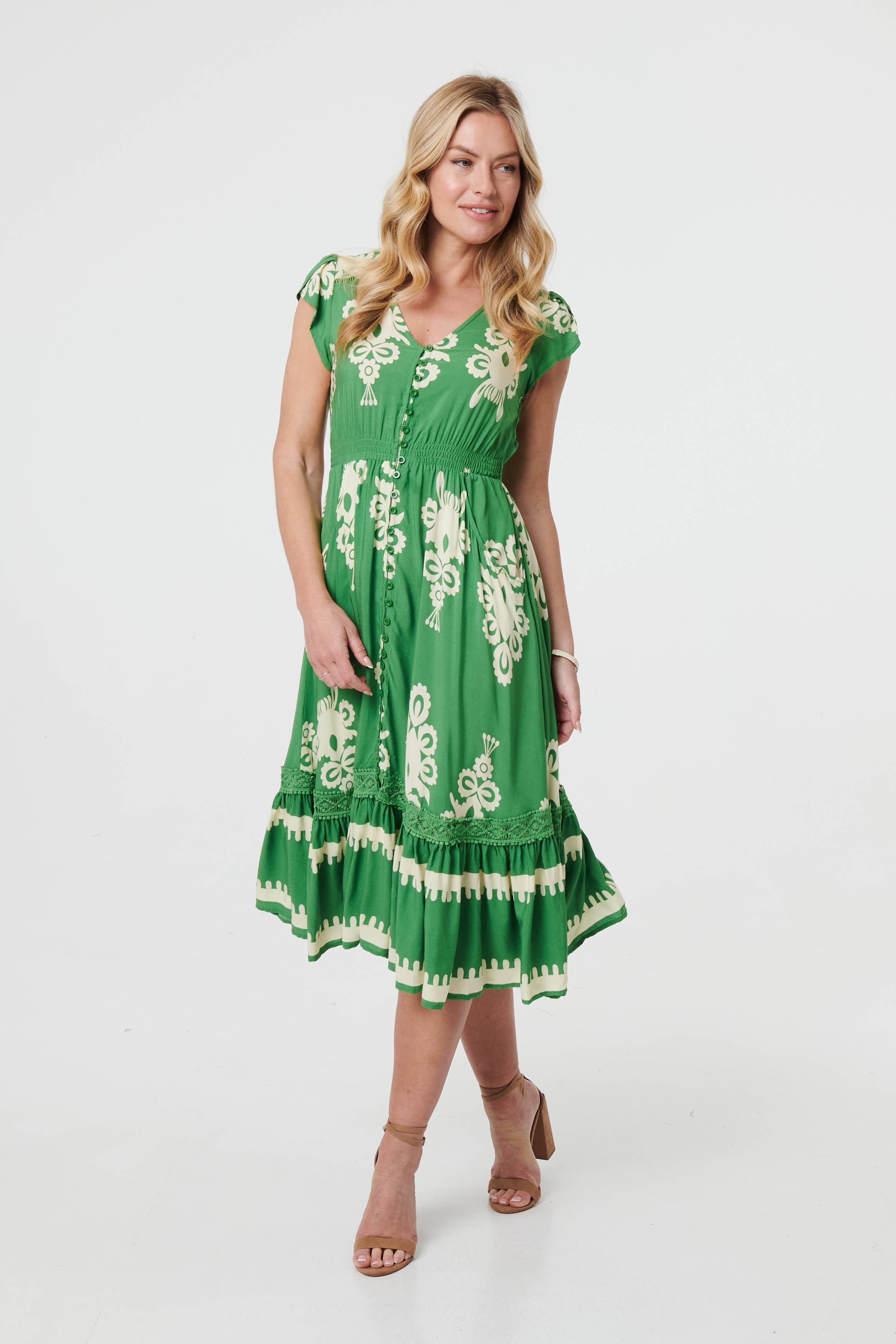 Green | Ikat Print Cap Sleeve Shirred Midi Dress