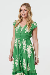 Green | Ikat Print Cap Sleeve Shirred Midi Dress