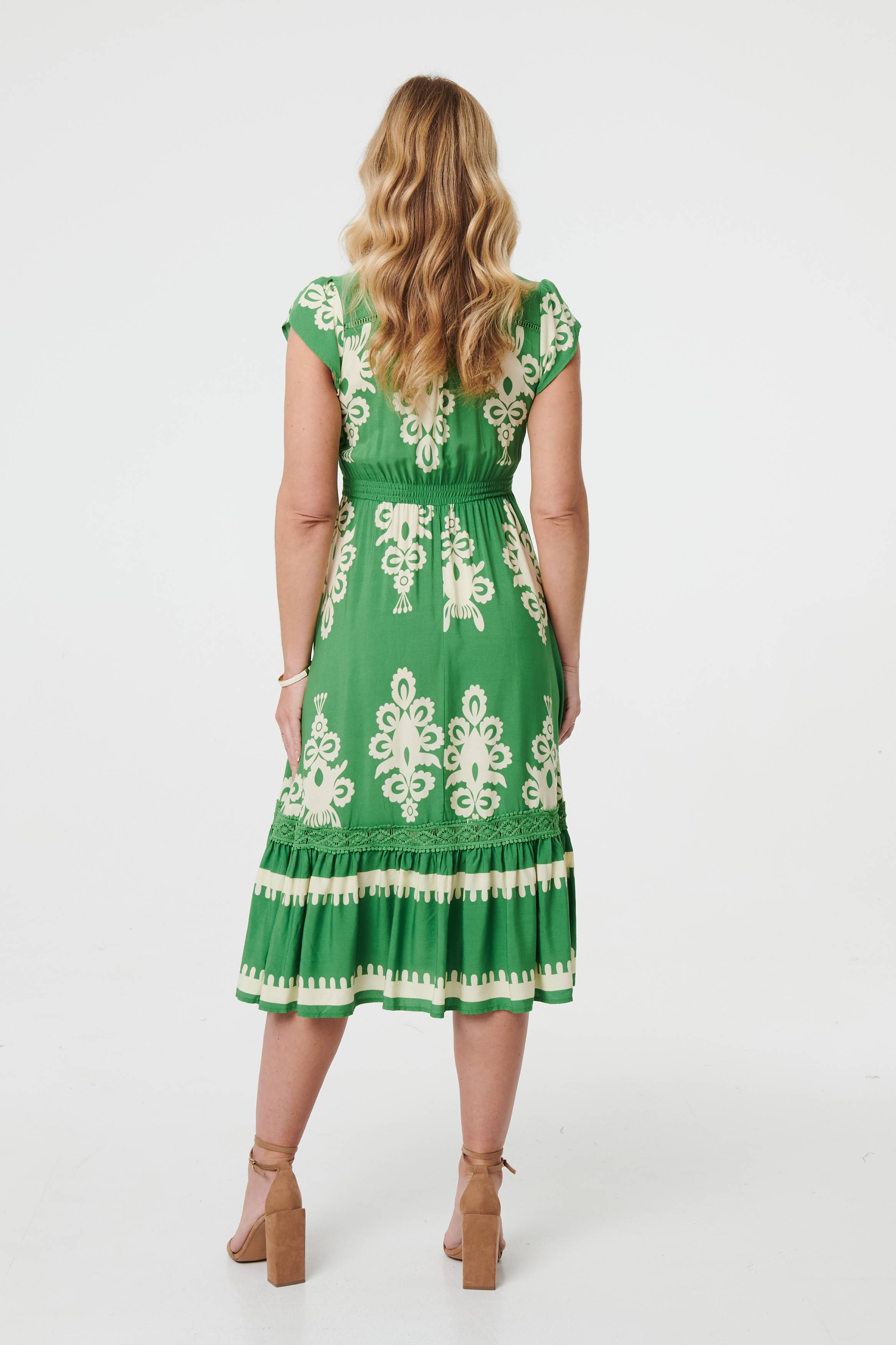 Green | Ikat Print Cap Sleeve Shirred Midi Dress