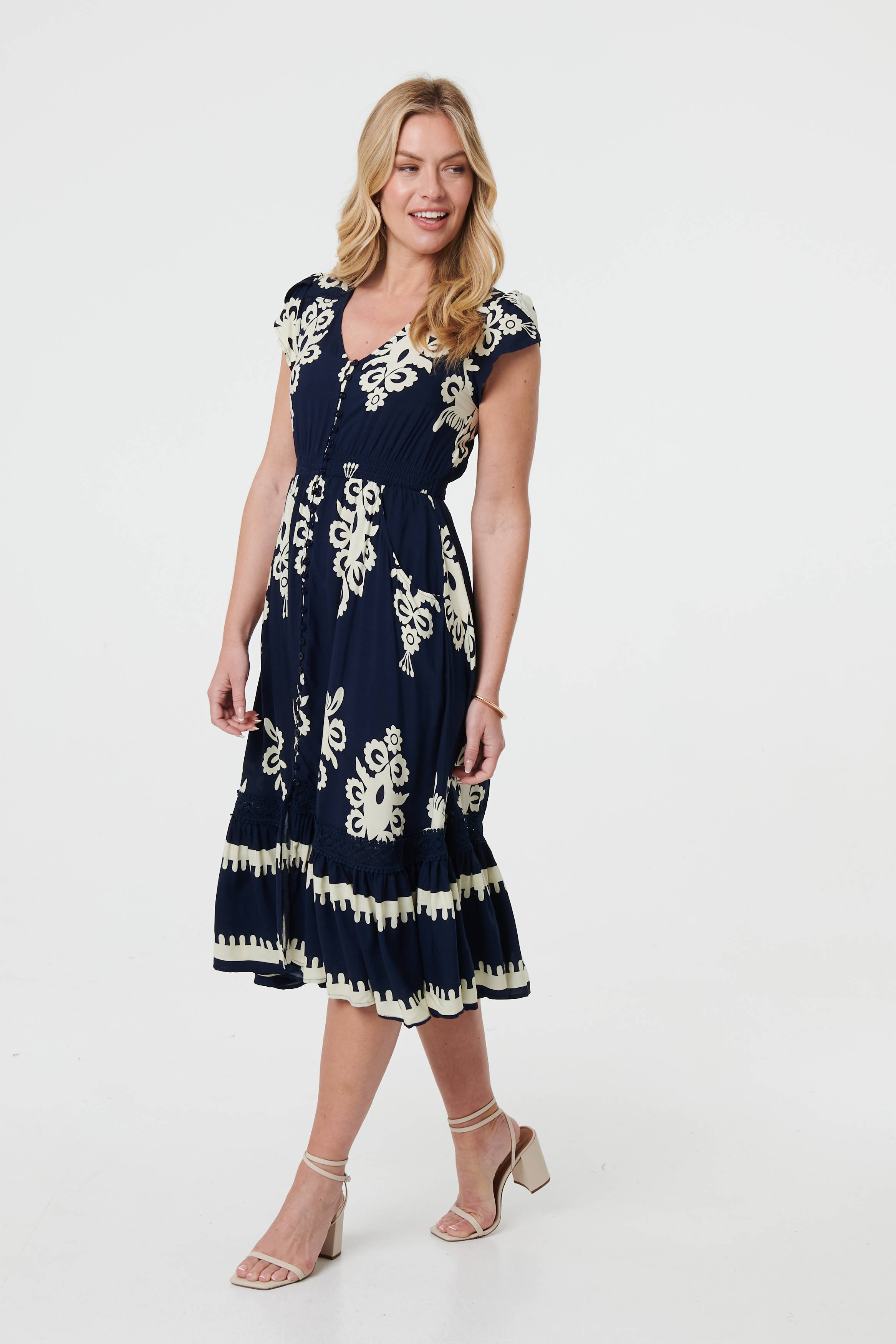 Navy | Ikat Print Cap Sleeve Shirred Midi Dress
