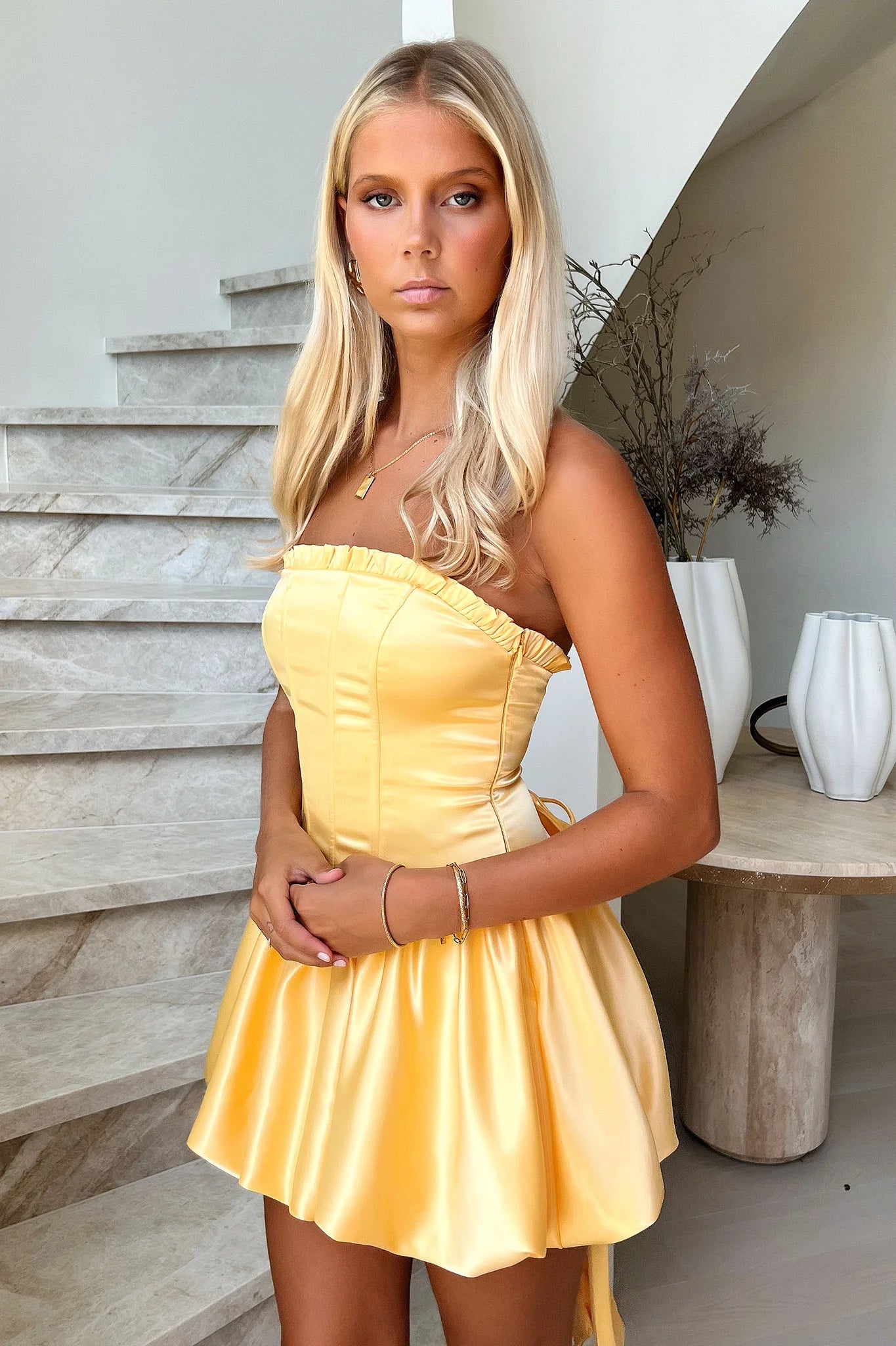 Beauty Strapless Satin Dress - Yellow