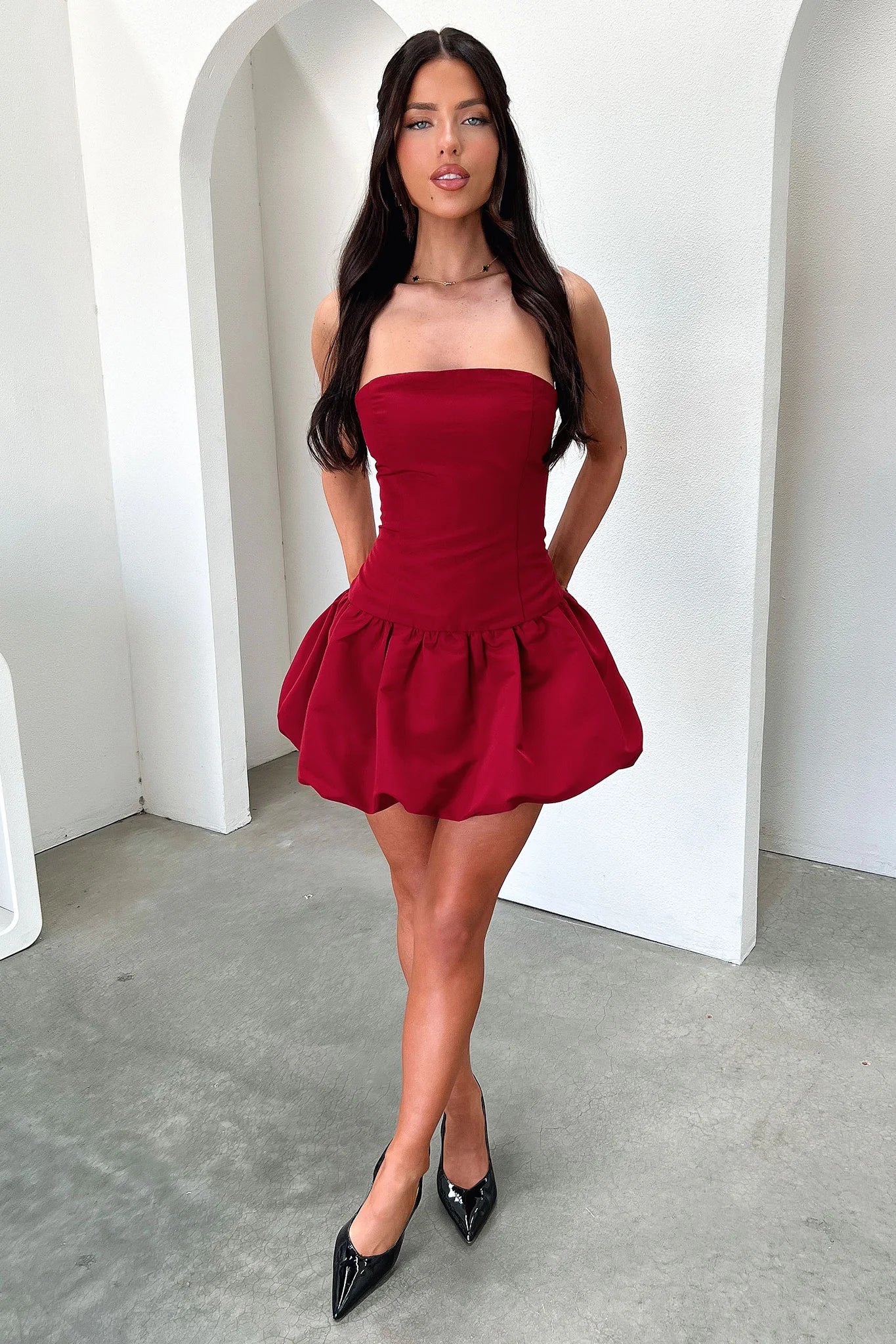 Kloe Bubble Skirt Strapless Mini Dress - Burgundy