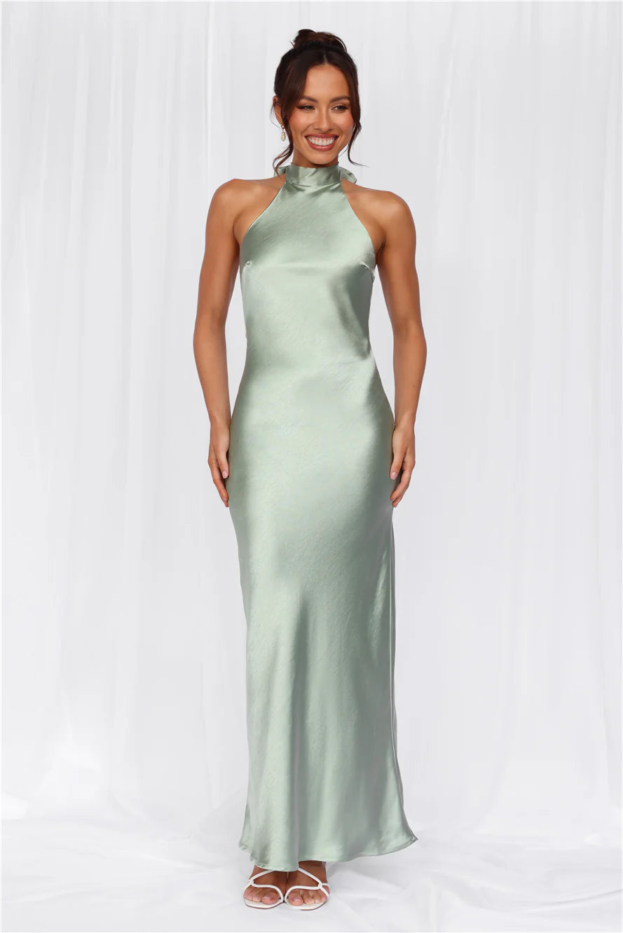 The Cleo Halter Satin Maxi Dress Sage