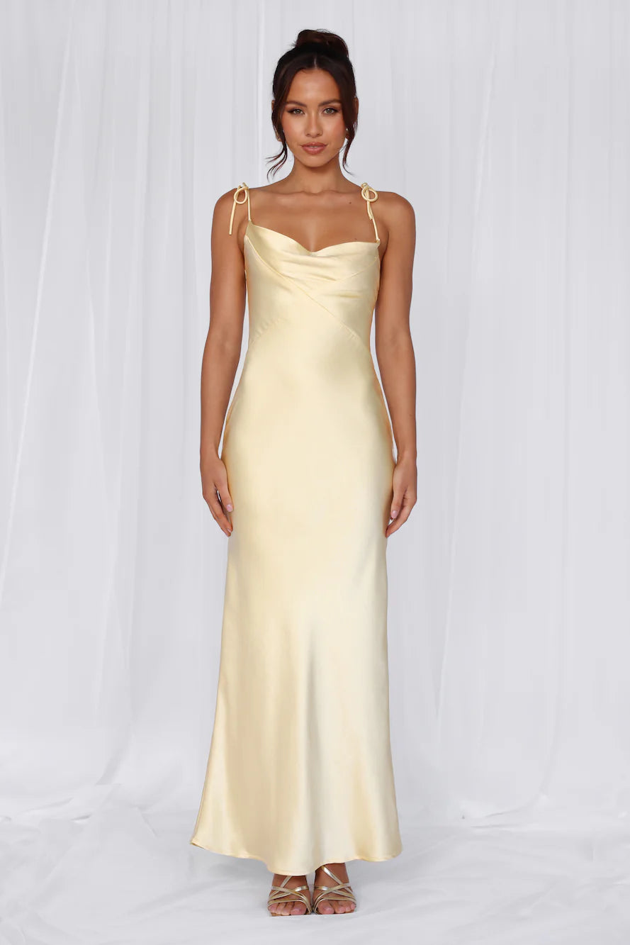 The Penelope Cowl Satin Maxi Dress Yellow