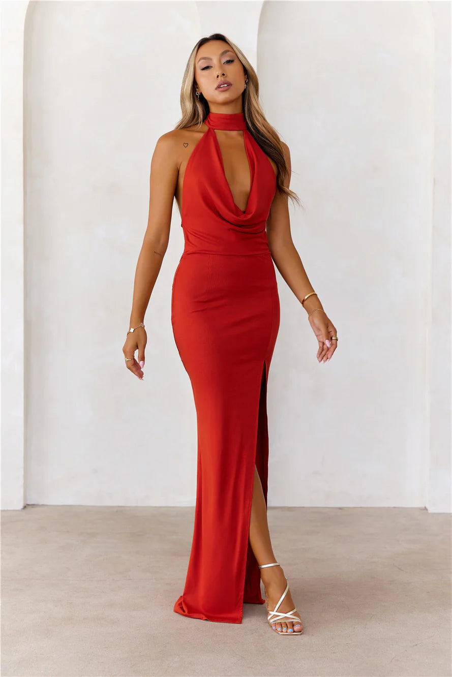 Refined Luxury Halter Maxi Dress Red