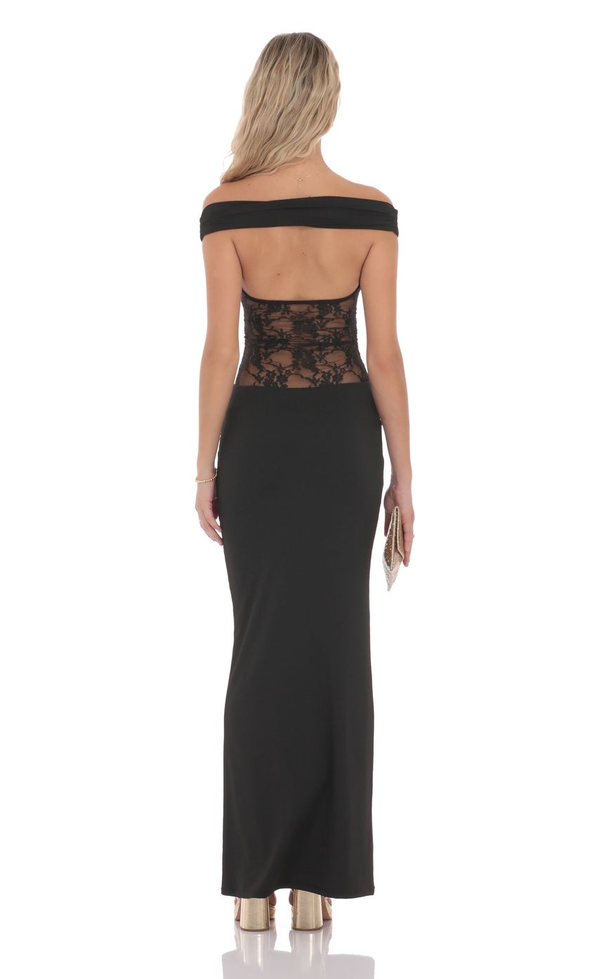 Off Shoulder Lace Cutout Maxi Dress in Black