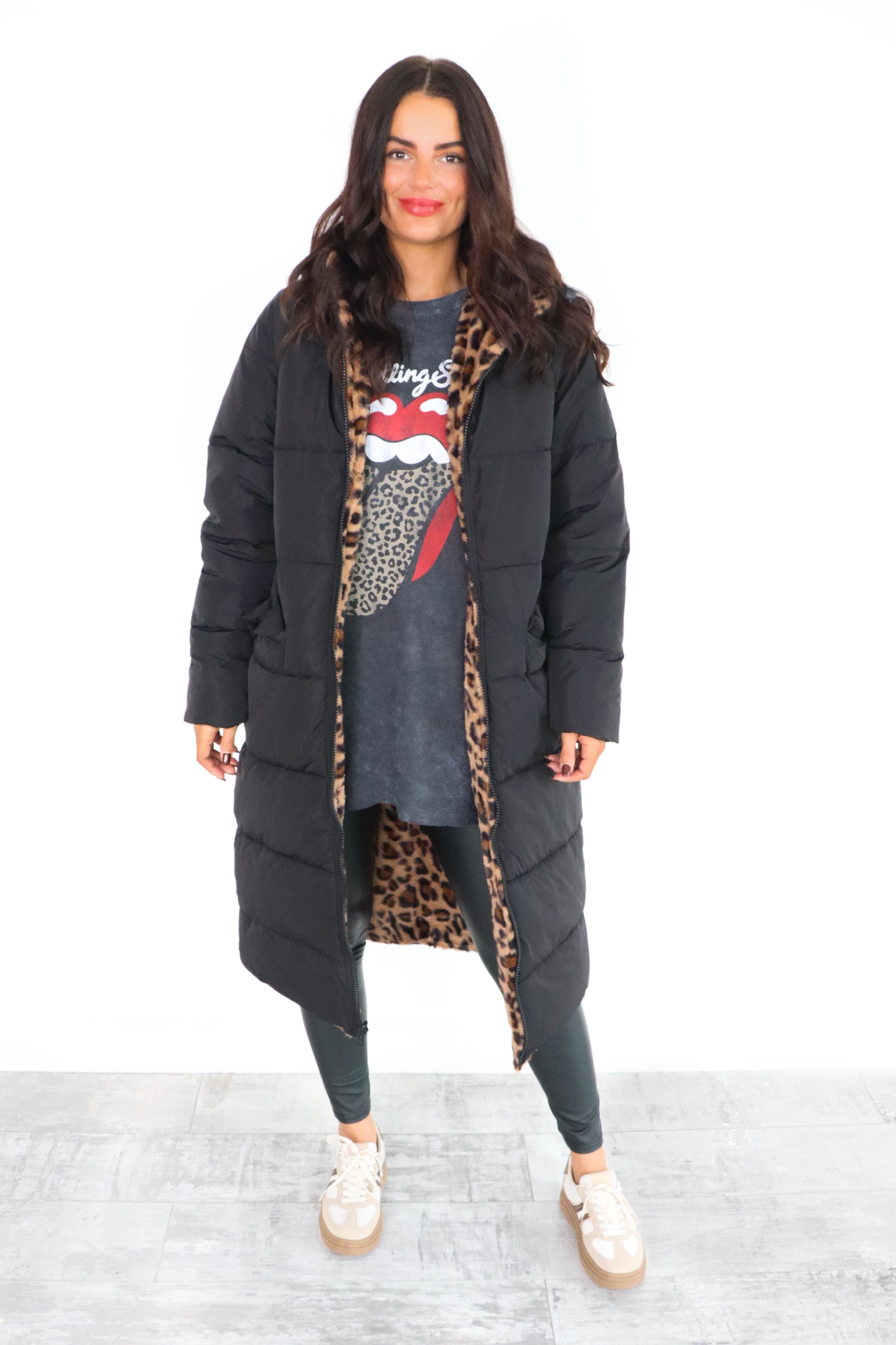 Seeing Double - Black Leopard Print Reversible Longline Puffer Coat