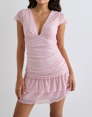 Image of Mowgli Cap Sleeve Mini Dress in Baby Pink with Micro Polka Black