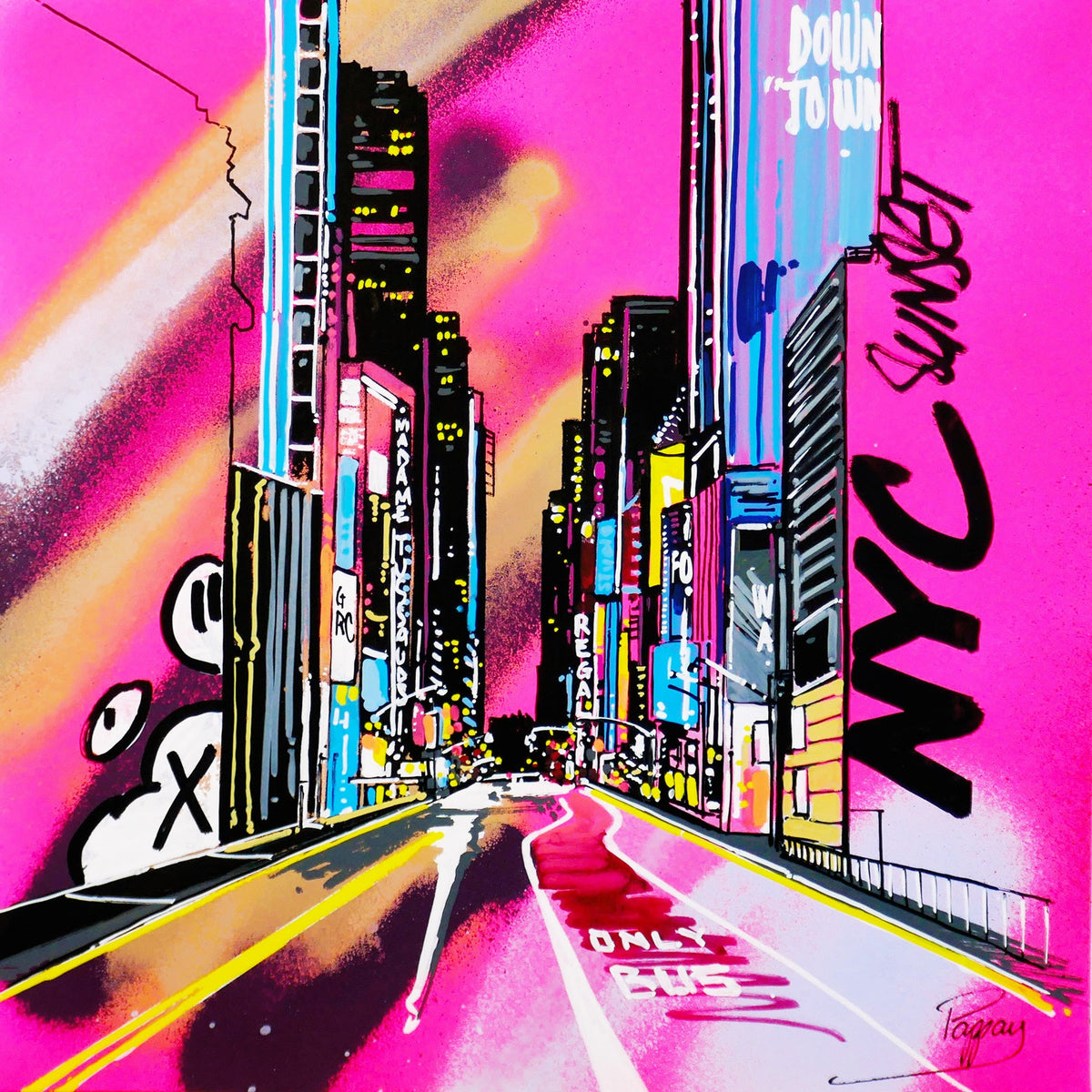 new york city street with skyscraper buildings graphic pop illustration on pink spray paint background