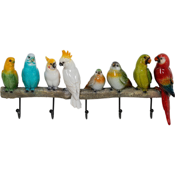 Bunte Keramikvögel sitzen auf diesem zweigförmigen Vogelpärchen-Wandhaken und bilden mit vier Metallhaken darunter eine farbenfrohe Garderobe – perfekt, um Ihrem Flur ein endloses Sommergefühl zu verleihen.