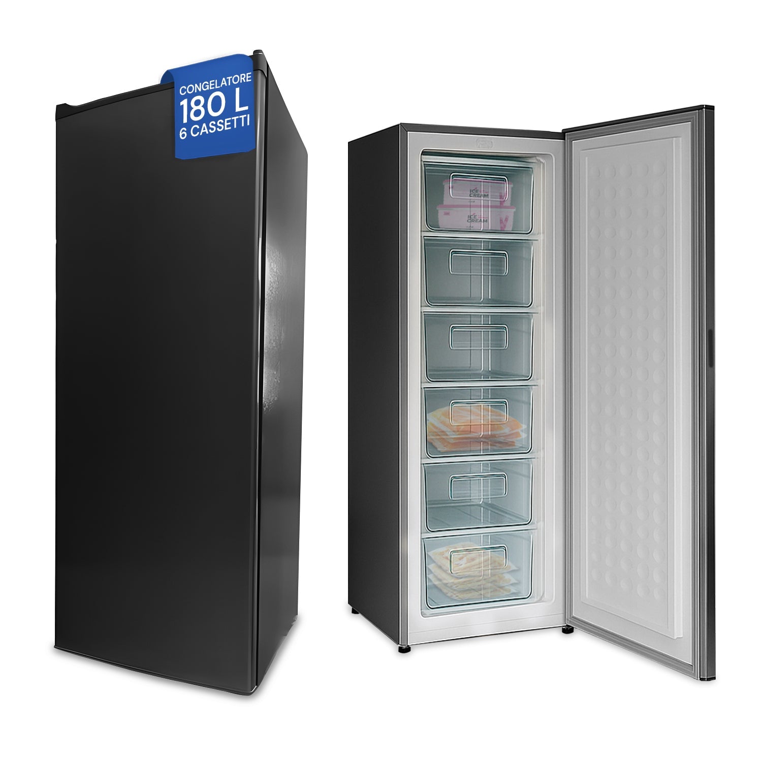 Congelatore verticale 180L con 6 cassetti grigio statico per libera installazione, capiente e versatile per ogni cucina