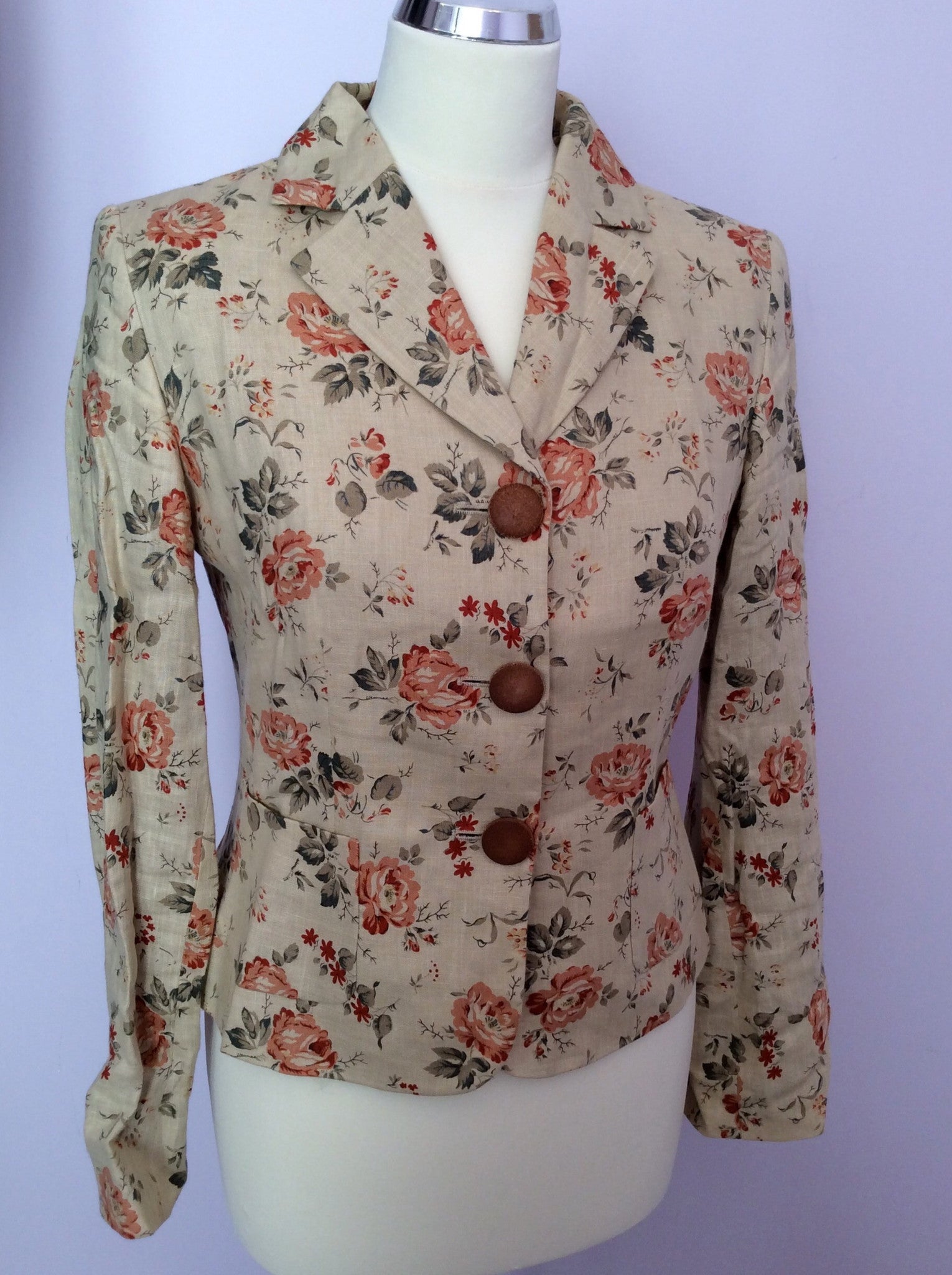 Ronit Zilkha Beige Floral Print Linen Jacket & Skirt Suit Size 10 - Whispers Dress Agency - Sold - 2