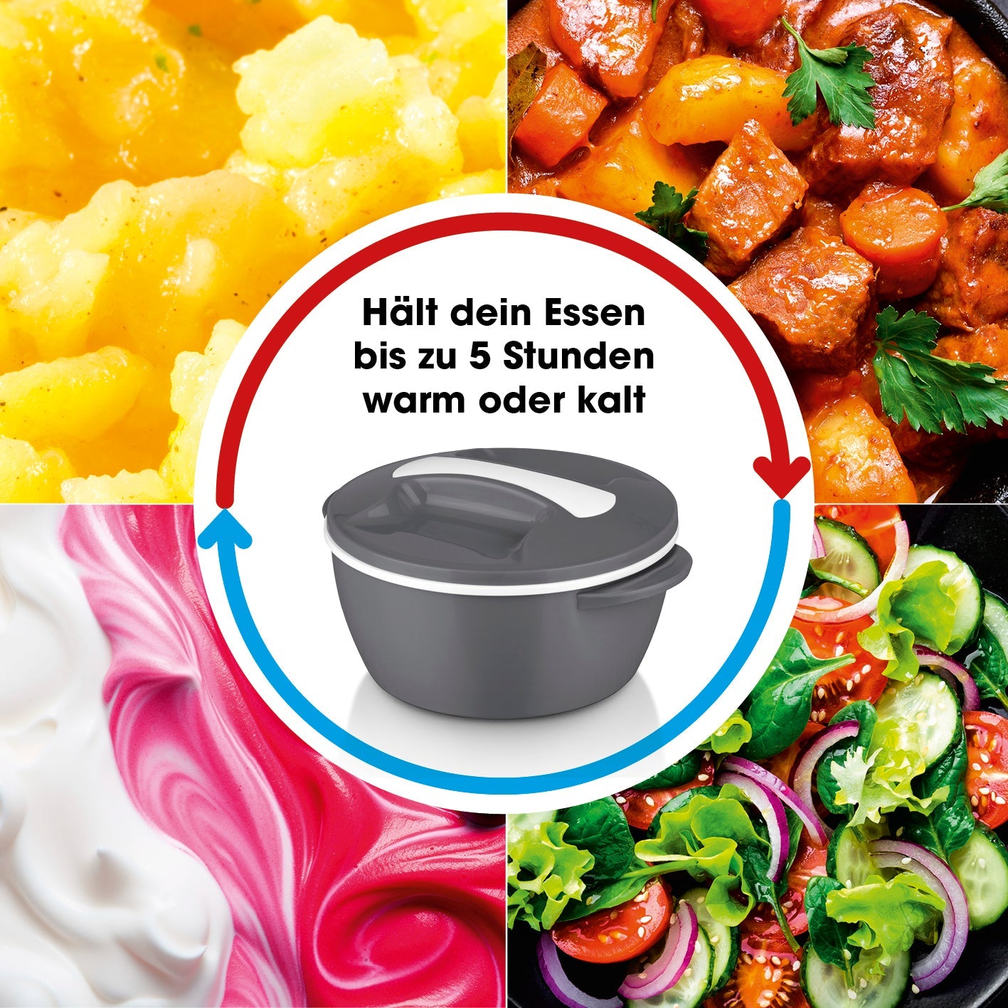 MAXXMEE Thermo-Schüssel Mikrowelle 450 ml grau/weiß, doppelwandig, hält Speisen bis zu 5 Stunden warm oder kalt, inkl. Edelstahleinsatz und Drehverschluss.