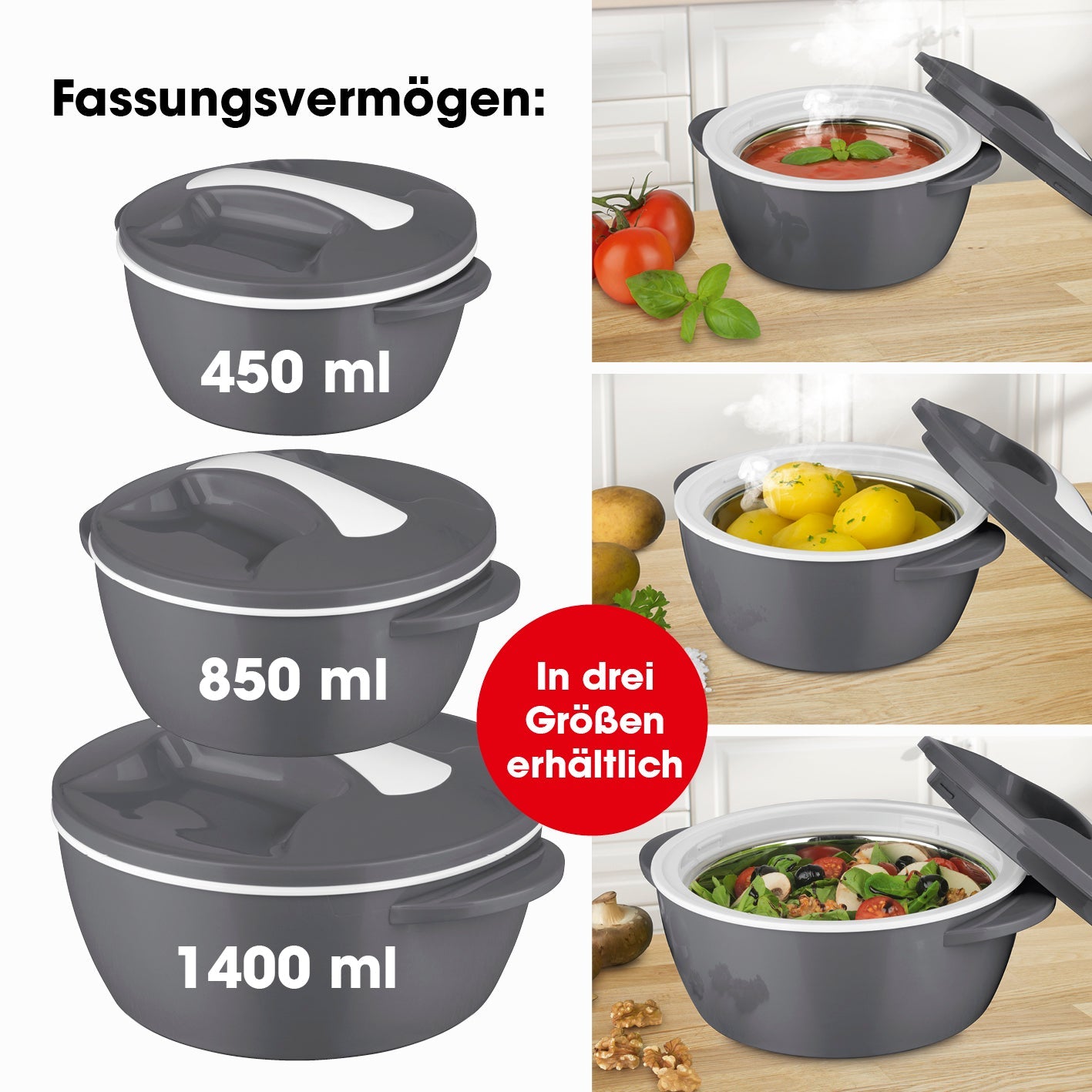 MAXXMEE Thermo-Schüssel Mikrowelle 450 ml grau/weiß, doppelwandig, Edelstahl, hält Speisen warm oder kalt, praktischer Drehverschluss-Deckel.