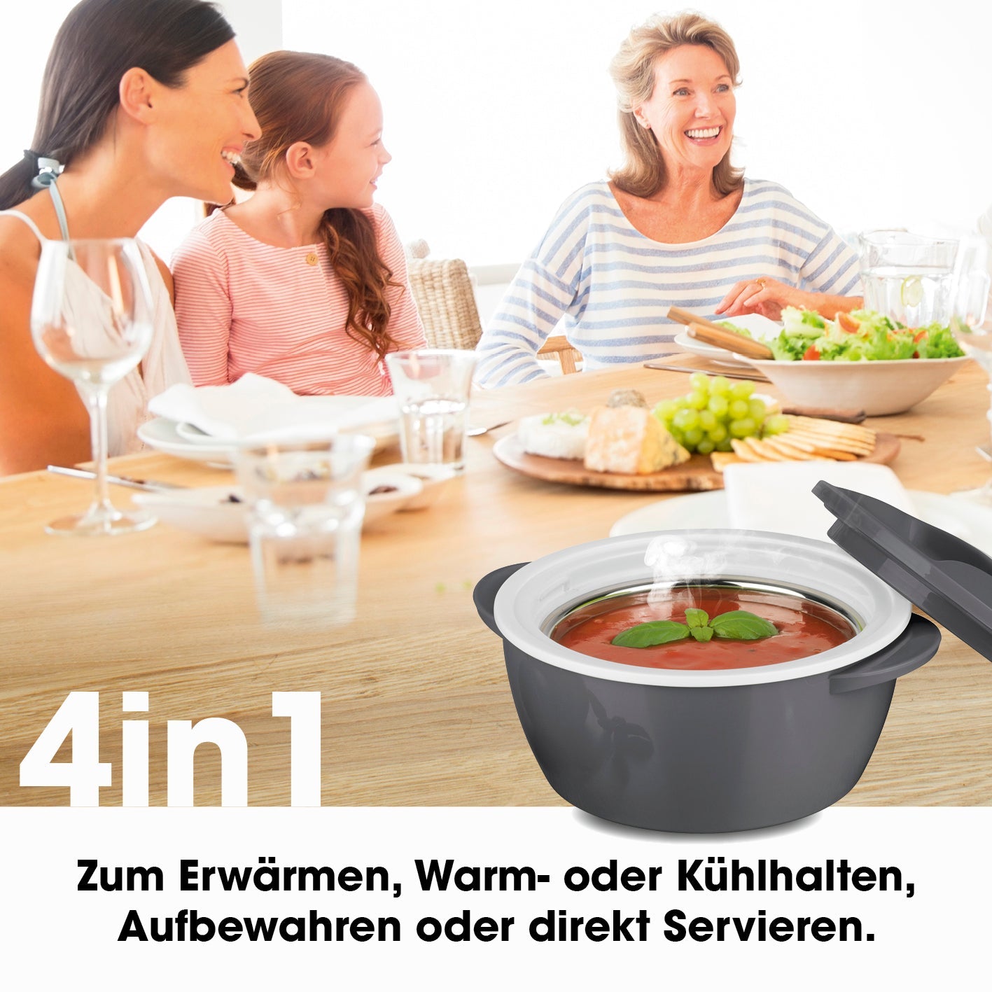 MAXXMEE Thermo-Schüssel Mikrowelle 450 ml grau/weiß mit doppelwandigem Edelstahleinsatz zum Warm- oder Kalthalten von Speisen.
