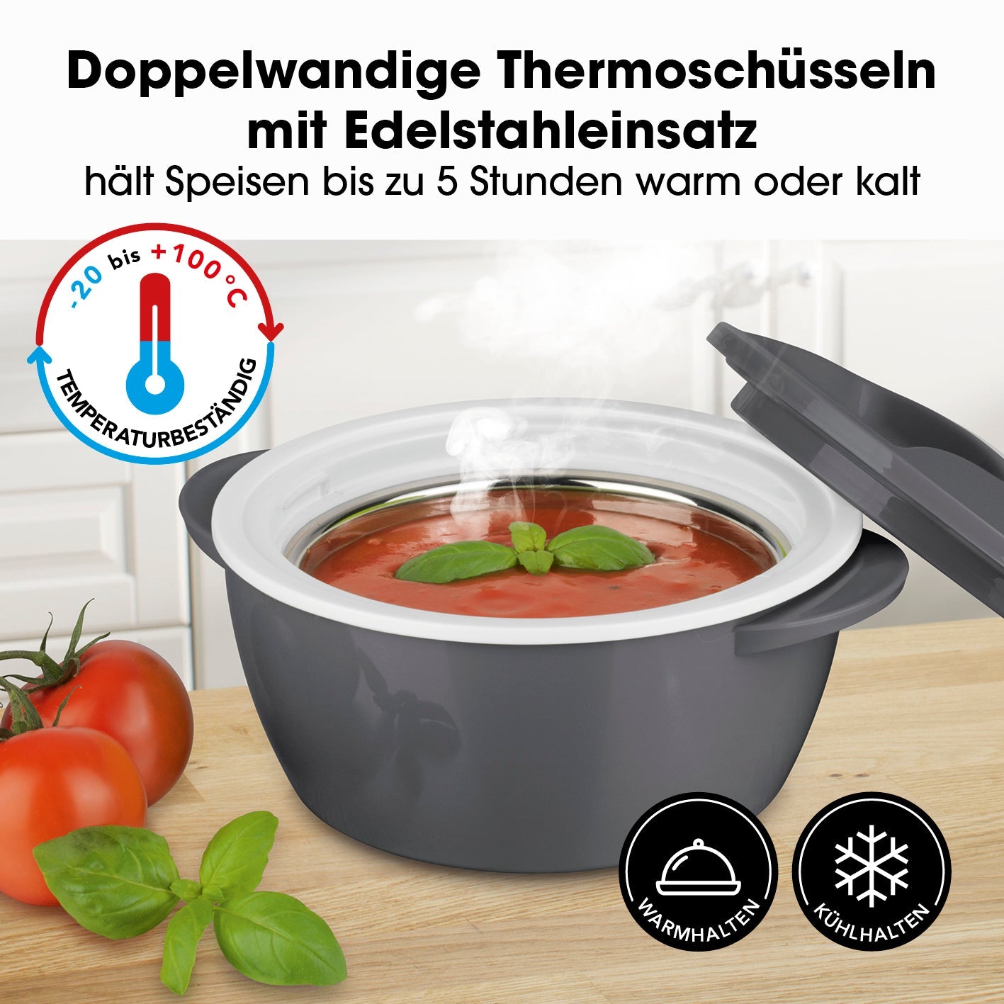 MAXXMEE Thermo-Schüssel Mikrowelle 450 ml grau/weiß mit Edelstahl-Einsatz, hält Speisen bis zu 5 Stunden warm oder kalt, temperaturbeständig -20 bis 100 °C.
