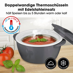 MAXXMEE Thermo-Schüssel Mikrowelle 450 ml grau/weiß mit Edelstahl-Einsatz, hält Speisen bis zu 5 Stunden warm oder kalt, temperaturbeständig -20 bis 100 °C.