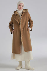 Kaz Tüyü Yelekli Yün Kaban - Camel