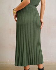 Yeşil Doğal Belli Pileli Örgü Midi Etek